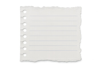 White sheet of lined paper with holes and ripped edges, isolated on transparent background, ideal for adding notes and messages to designs
