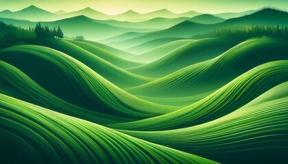 abstract green background with waves landscape organic green hills valleys and forest bathed in the sunlight morning mist in the forest banner wallpaper and background