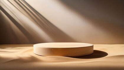 simple display for packaging and branding circular wooden platform on sandy surface with natural light and shadows