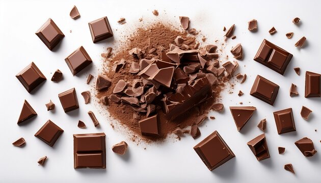 scattered milk chocolate chunks and shards on white background n high detail food photography with top down perspective
