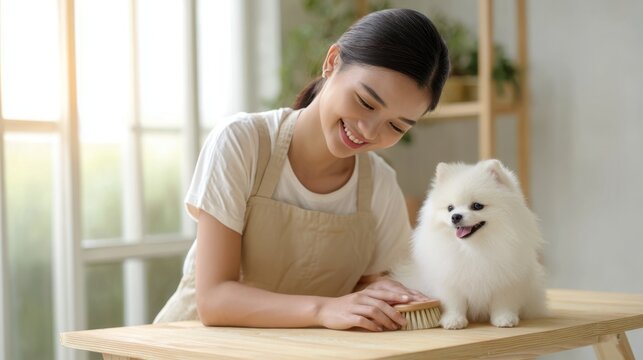 Young Asian Woman in Beige Apron Brushing Fluffy White Pomeranian on Wooden Grooming Table in Minimalist Natural Light Studio