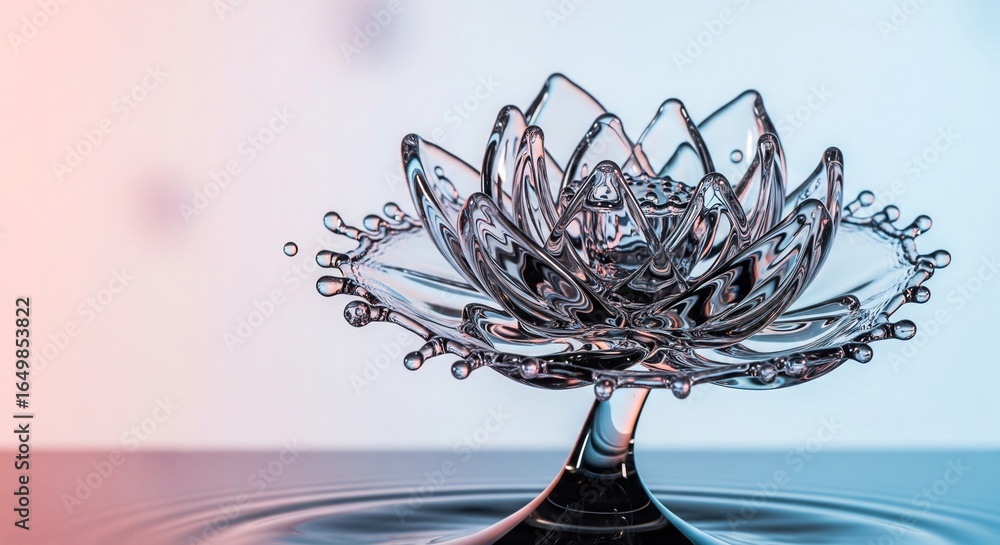 Poster high-speed macro photo of a beautiful water drop collision creating an intricate lotus flower shape.