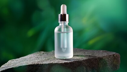 a frosted dropper bottle of facial serum stands on a smooth stone against a green background perfect for use in skincare branding eco packaging design beauty ads or wellness visuals