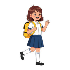 Young student going to School: A charming depiction of a young student cheerfully waving, donned in a neat uniform, and carrying a school bag, conveying excitement about education.