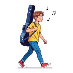 Young Guitarist's Journey: A cheerful boy strides forward, a guitar case slung over his shoulder, music notes dancing around him, representing his musical aspirations.