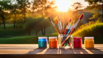 assorted colorful art supplies including paintbrushes and jars of paint arranged on a wooden table outdoors