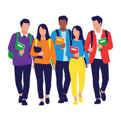 Obraz premium Academic Alliance: A diverse group of students strides forward together, embodying academic excellence, each carrying books and bags in a vibrant and dynamic digital illustration. 