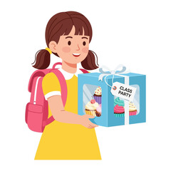 Class Party Treats: A cheerful young girl, her backpack in tow, beams with excitement as she presents a gift box filled with delightful cupcakes, ready for the upcoming class party.