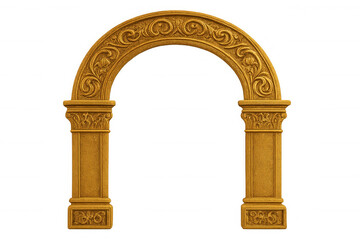 Ornate golden archway featuring decorative pillars, intricate floral patterns against transparent backdrop, adding luxurious architectural elegance