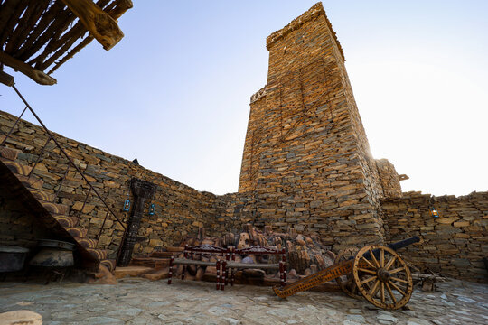 Al baha city ,Aseer Province , Saudi Arabia - September 12, 2022: beautiful historical stone building at Al Malad castle
