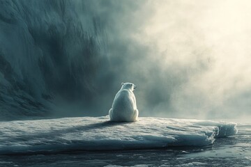 Fototapeta premium A lone polar bear sits on an ice floe, facing a misty, uncertain future.
