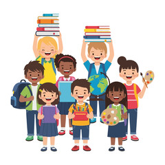 Enthusiastic young students ready for the new School year with books and study accessories: Illustrative depiction of eager, diverse students, each clutching a symbolic item of learning.