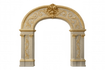 Classic architectural arch featuring golden floral patterns, isolated on a transparent background, perfect for design projects