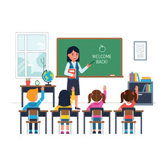 Back to school: A friendly teacher guides her young students in a brightly lit classroom, fostering curiosity and knowledge through an interactive learning environment.