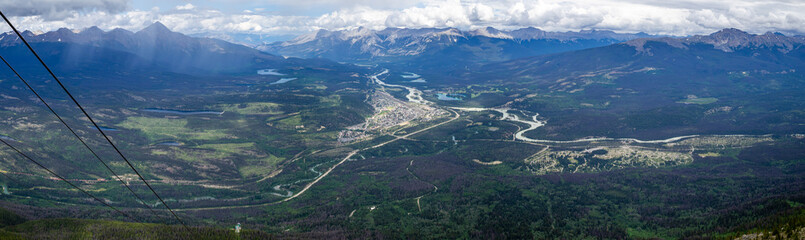 Jasper town and the Athabasca River valley below the mountain ranges, Jasper NP, Canada