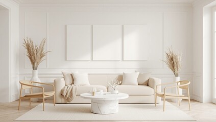 Fototapeta premium Serene and bright living room featuring a plush cream sofa a round white coffee table and dried pampas grass accents bathed in natural light