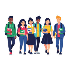 Fototapeta premium Students Walking Together: A vibrant illustration of a diverse group of students, each carrying books and backpacks, walking together with a sense of unity and purpose.