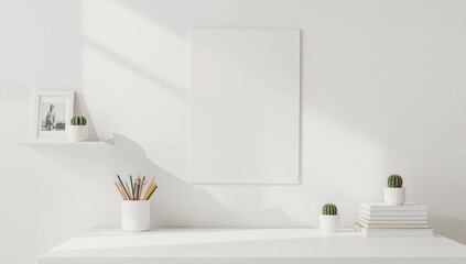 Fototapeta premium Minimalist workspace mockup featuring a blank poster on a white wall with natural light shadows and desk accessories