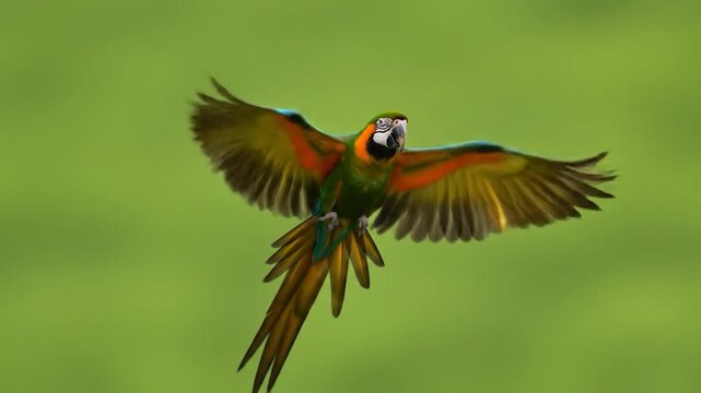 Green-winged Macaw flying over field, wings spread, nature background, wildlife poster