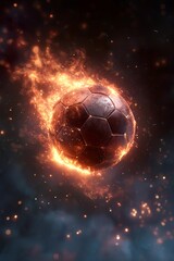 Soccer ball engulfed in flames with glowing sparks and dark smoky background