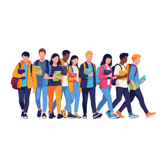 Fototapeta premium Diverse Students on the Move: A group of students strides confidently together, their path forward illuminated by knowledge and camaraderie.