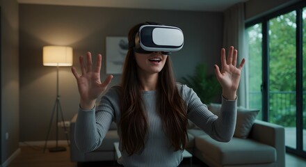 A woman with vr headset experiencing virtual reality in a modern living room with open hands gesture