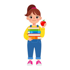School Girl: An enthusiastic young girl, armful of textbooks, and a crisp red apple, symbolizing education, readiness, and eagerness to learn.