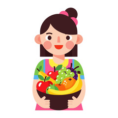 Fresh Fruit in Hand: A cheerful young person, smiles, holding a bowl filled with a colorful assortment of fresh, vibrant fruit, presenting a wholesome display of natural goodness.