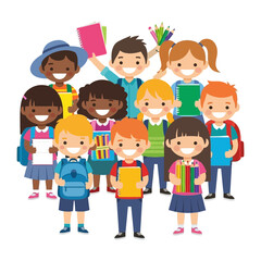 Joyful Schoolmates: A vibrant illustration of children of diverse backgrounds, arms and smiles wide, eager to learn and embrace the day, showing the unity and potential of the next generation.