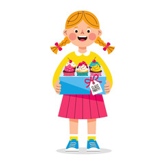 A young girl with a sweet smile and pigtails is proudly holding a box of colorful cupcakes, ready to celebrate a class party.