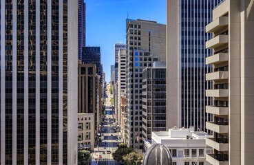 View down California Street with iconic skyscrapers in San Francisco, California