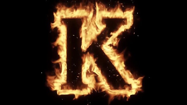 The capital letter M is dramatically silhouetted against a backdrop of intense, roaring flames.