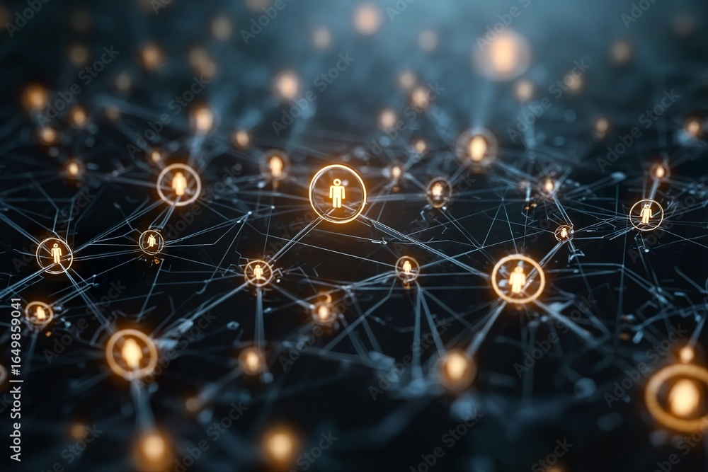 Aufkleber abstract digital network with glowing nodes and connections in virtual space