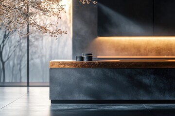 A modern kitchen with dark cabinetry, a copper countertop, a window view of nature, and decorative floral accents. Minimalist and elegant design.