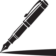 A black and white illustration of a fountain pen writing on a surface with a shadow effect