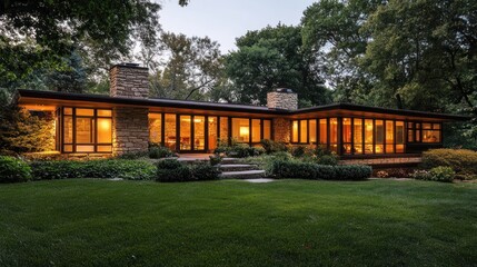 Fototapeta premium Modern Ranch House Evening Exterior, Landscaped Yard