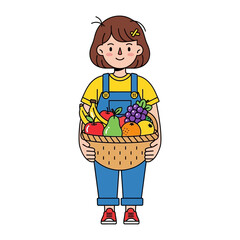 Basket of Seasonal Delights: A cheerful cartoon character holds a bountiful basket overflowing with vibrant fruits, embodying the essence of freshness, health, and natural goodness. 