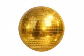 Rotating golden disco ball reflecting light on a transparent background, perfect for party and celebration visuals
