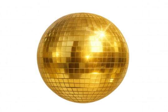 Rotating golden disco ball reflecting light on a transparent background, perfect for party and celebration visuals