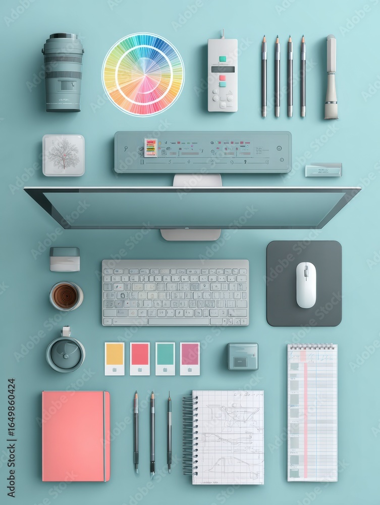 Poster creative workspace setup with computer, tools, and stationery items on a turquoise background in a m