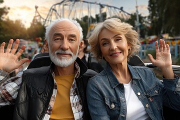 Fototapeta premium A joyful couple with smiles waves at the camera while riding on a colorful carousel merry-go-round surrounded by other park-goers. The sunset enhances the vibrant atmosphere