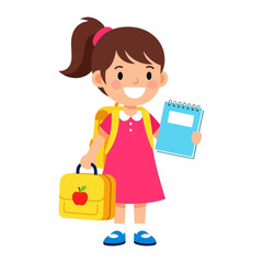 Happy School Girl Ready for Class: A cheerful illustration of a young girl, radiating enthusiasm as she prepares for her day at school. Carrying a book and a yellow backpack, a school bag.