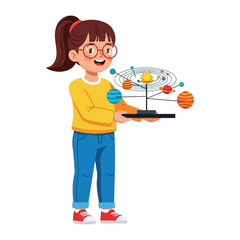 Young Scientist with Solar System Model: A curious young girl, filled with wonder and excitement, holds a detailed model of the solar system, ready to explore the mysteries of space. 