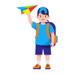 The Boy with the Plane: A cheerful boy, joyfully holding a colorful paper plane, ready to explore dreams and adventures