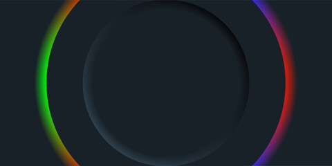 Futuristic Dark Circular Frame with Neon Gradient Glow in Green, Orange, Purple, and Red — Modern Abstract Background for Technology or Gaming Design