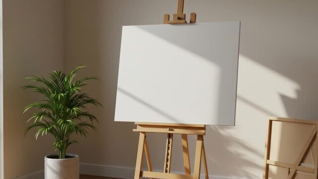 A bright room featuring a blank canvas on a wooden easel next to a potted plant and a gray sofa