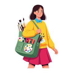 Fototapeta premium Artistic Journey: A young artist carries a green satchel filled with art supplies, paint brushes and paint palette, embarking on a creative exploration, symbolizing the beauty of imagination.