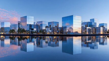 Fototapeta premium A modern cityscape of towering glass buildings glows across tranquil water, creating a vision of advanced technology and sleek urban style.