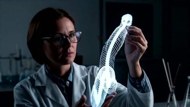 Scientist Studying Snake Skeleton Hologram in Lab