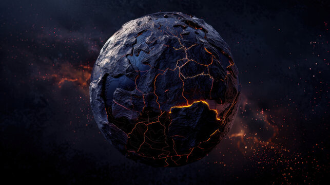 Dark, cracked planet with glowing lava fissures, surrounded by cosmic backdrop filled with stars and nebulae, evokes sense of mystery and otherworldliness
